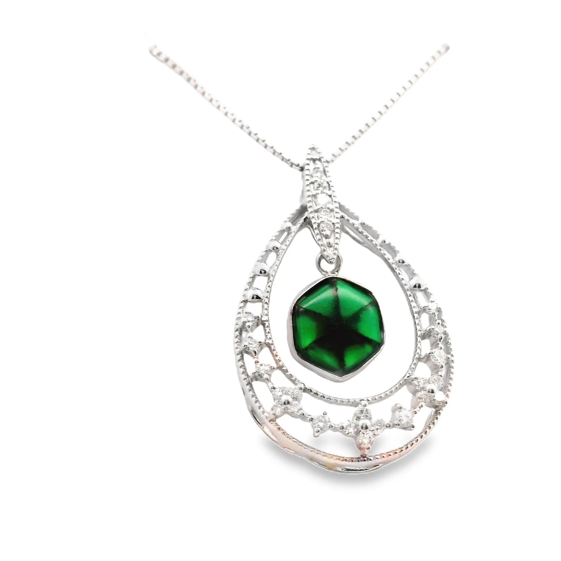 Trapiche Emerald Diamond 18k White Gold Necklace Pendant