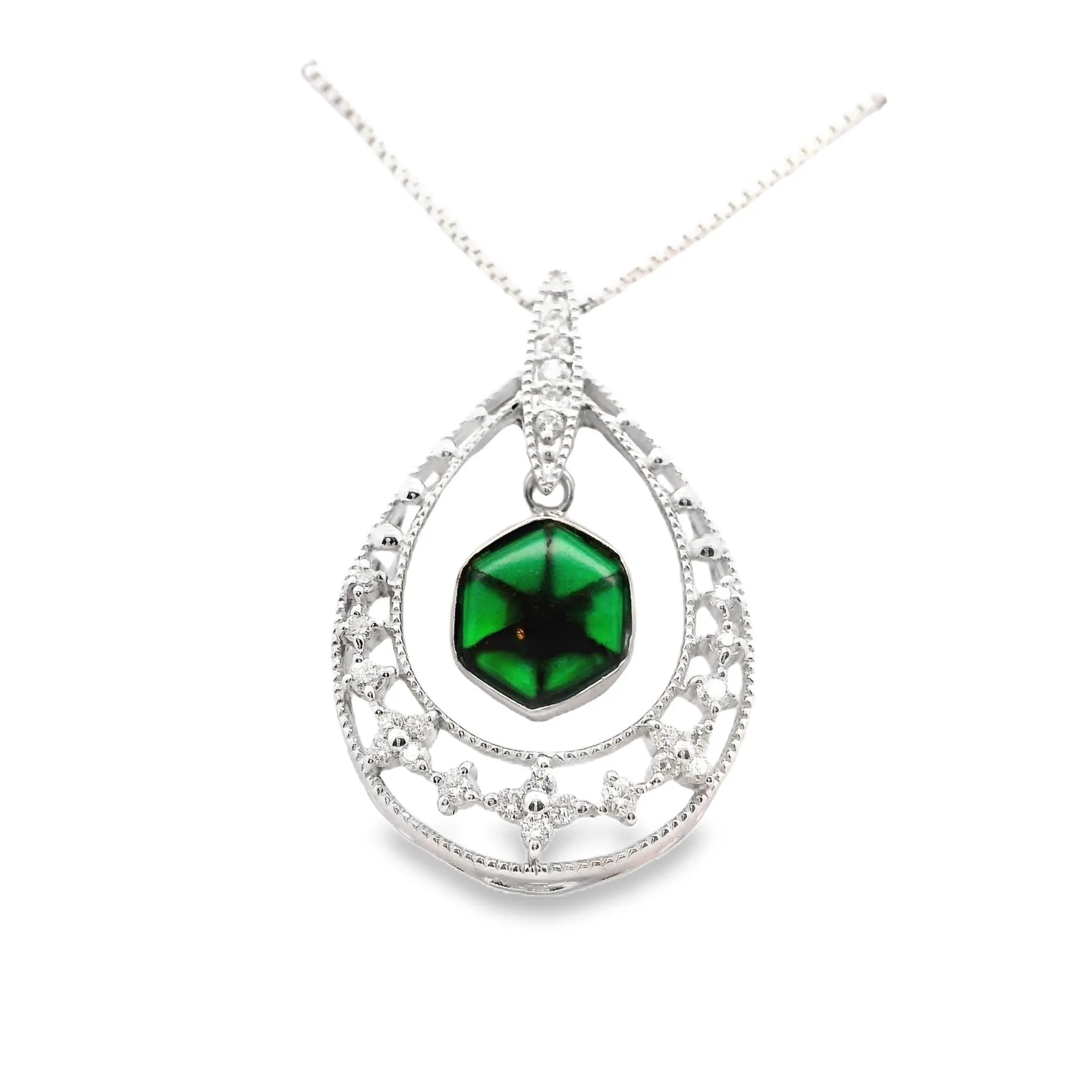 Trapiche Emerald Diamond 18k White Gold Necklace Pendant