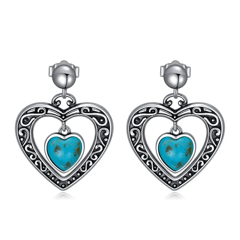 Turquoise Heart Earrings 925 Sterling Silver Heart Shape Natural Turquoise Hypoallergenic Dangle Drop Earrings Jewelry Gifts for Women Girls