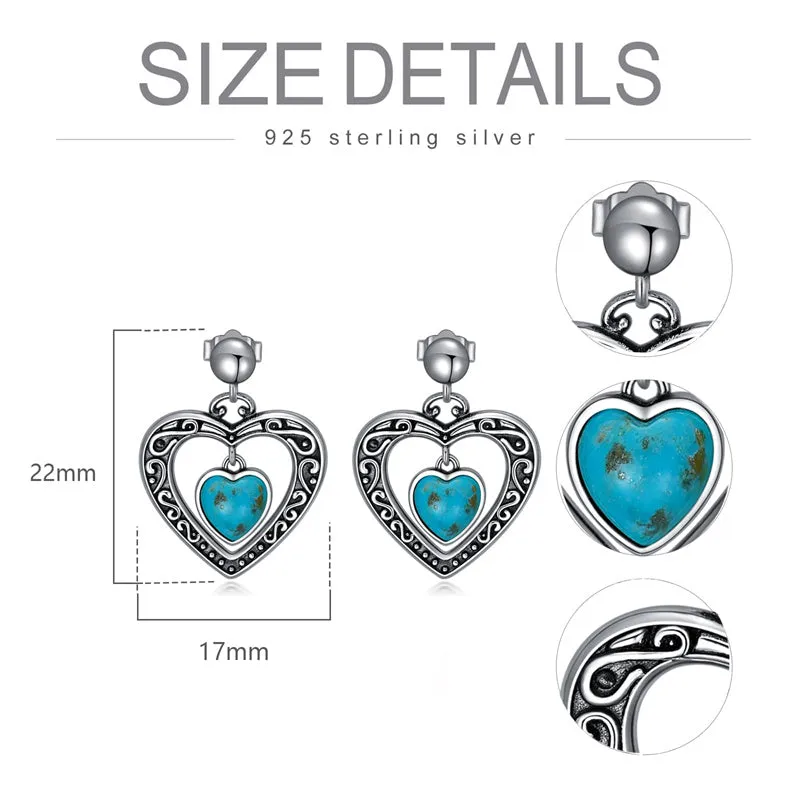 Turquoise Heart Earrings 925 Sterling Silver Heart Shape Natural Turquoise Hypoallergenic Dangle Drop Earrings Jewelry Gifts for Women Girls