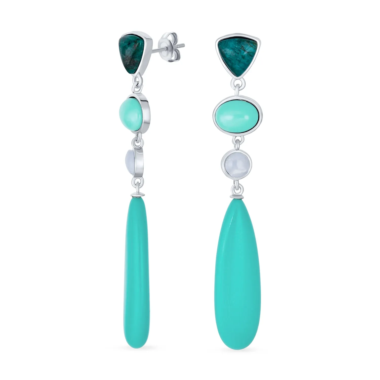 Unique Boho Geometric Dangle Gemstone Earrings in Silver with Turquoise Accents