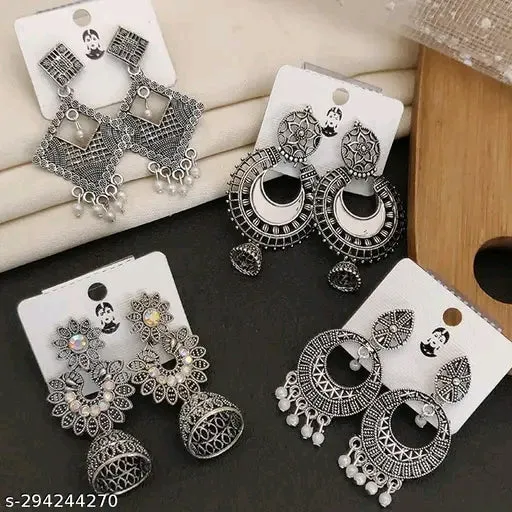 Unique Oxidised Silver Jhumkhas Earrings &amp; Studs (Pack of 4)