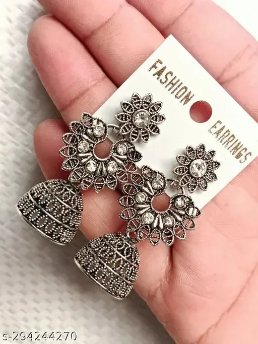 Unique Oxidised Silver Jhumkhas Earrings &amp; Studs (Pack of 4)