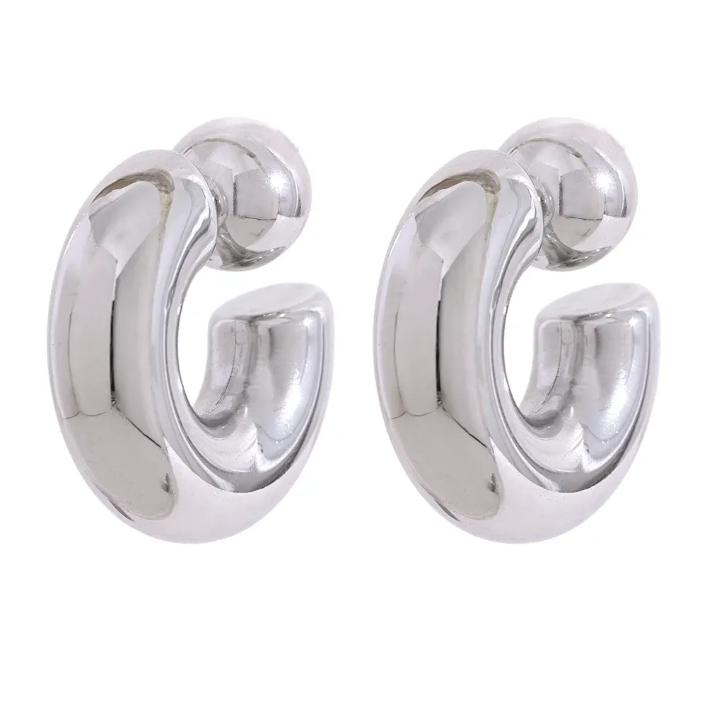 VAIGE Chunky Stainless Steel C Shape Hoop Earrings with Unique Metal Texture - Waterproof and Trendy Jewelry Gift