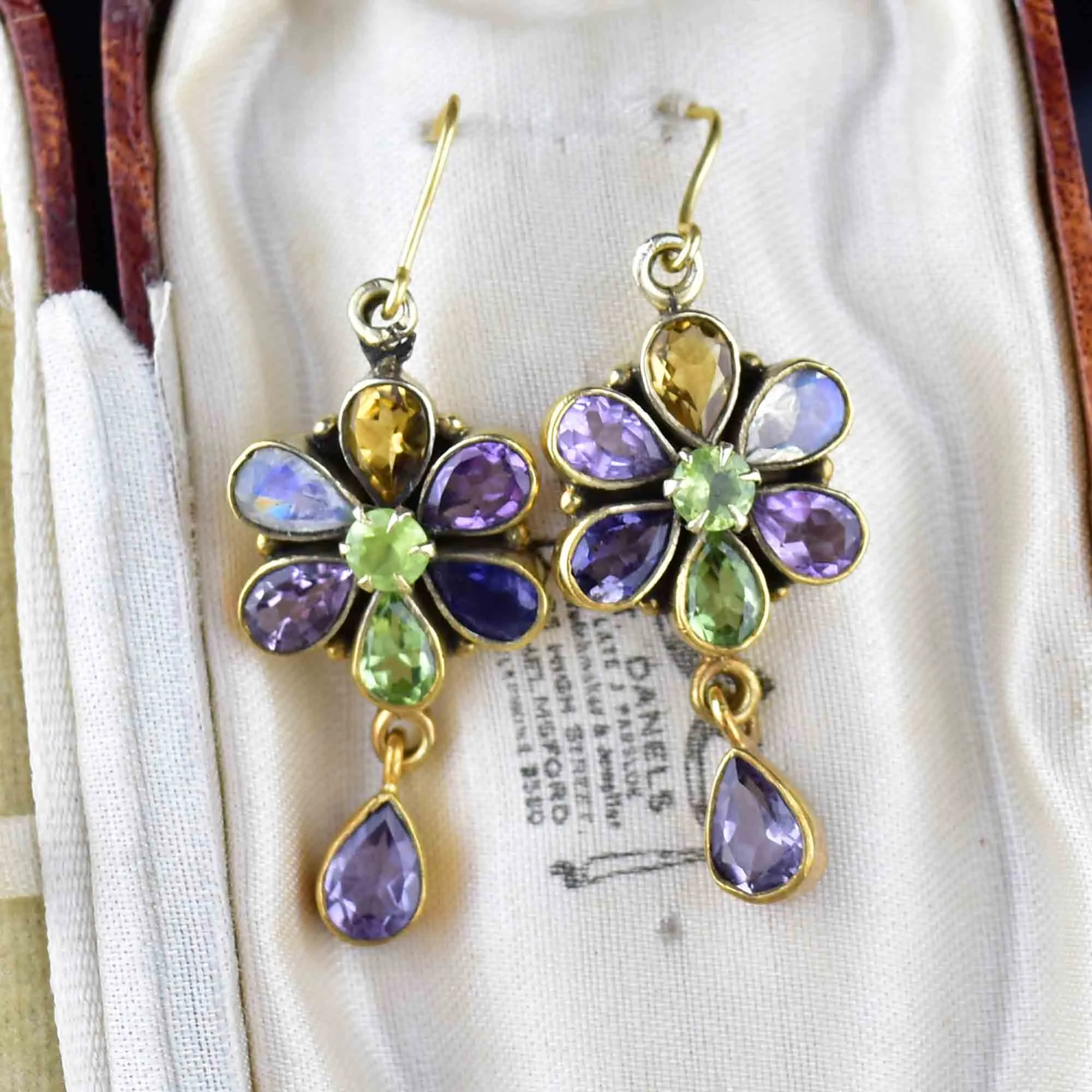 Vintage Art Deco Style Multi Stone Floral Earrings