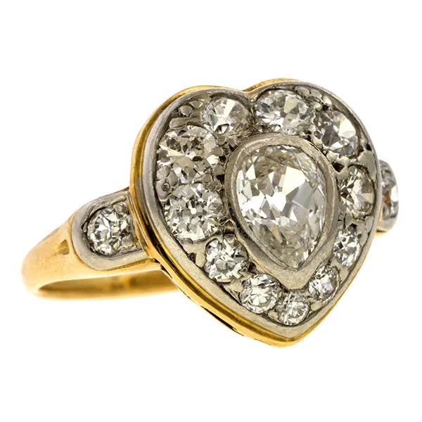 Vintage Diamond Heart Ring, Pear Brilliant 0.60ct.