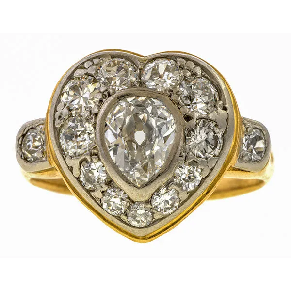 Vintage Diamond Heart Ring, Pear Brilliant 0.60ct.