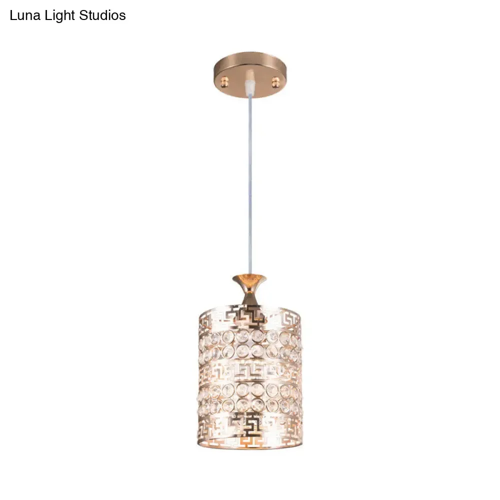 Vintage Gold Metal Cylinder Hanging Ceiling Light with Crystal Accent, 6"/7" Dia, 1 Light