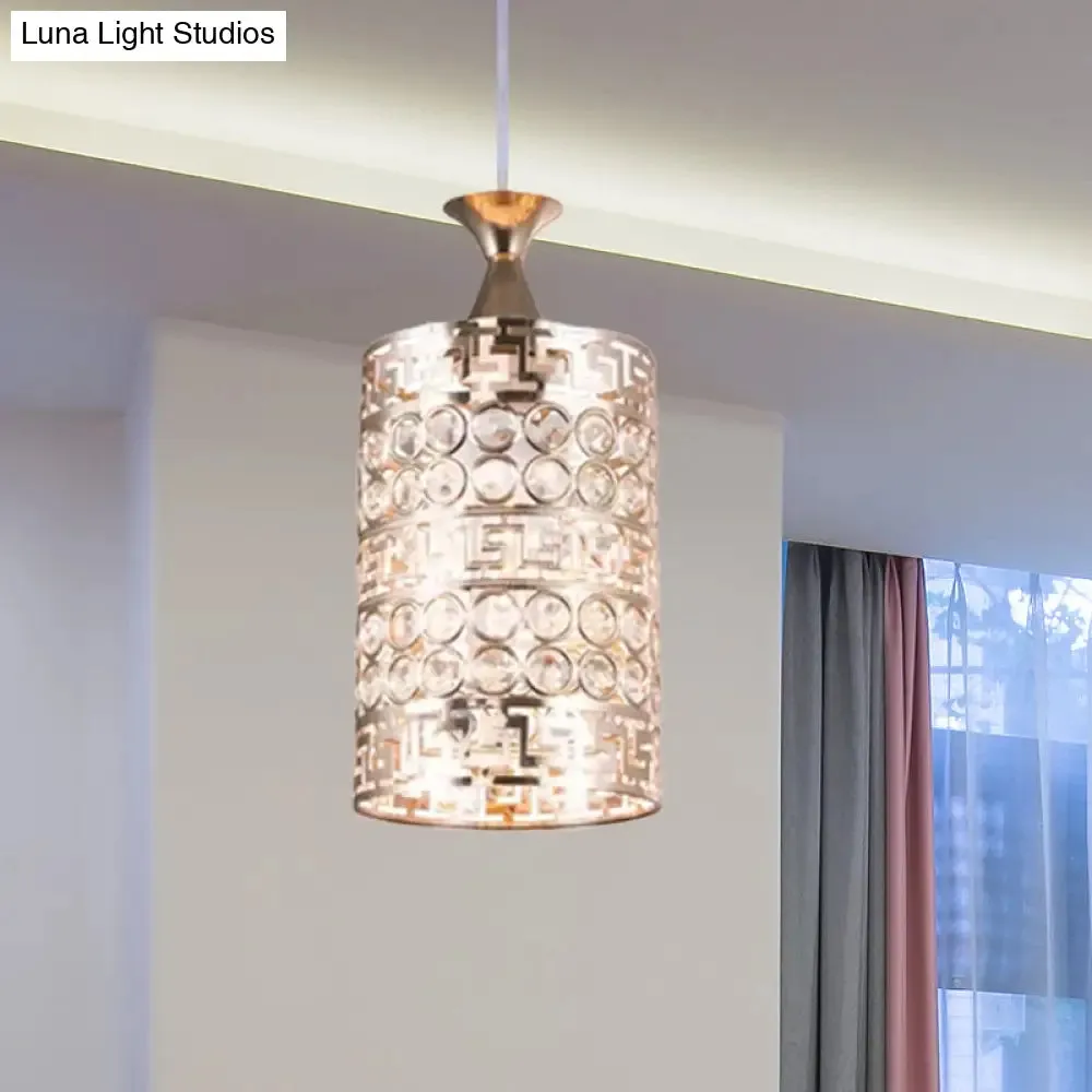 Vintage Gold Metal Cylinder Hanging Ceiling Light with Crystal Accent, 6"/7" Dia, 1 Light