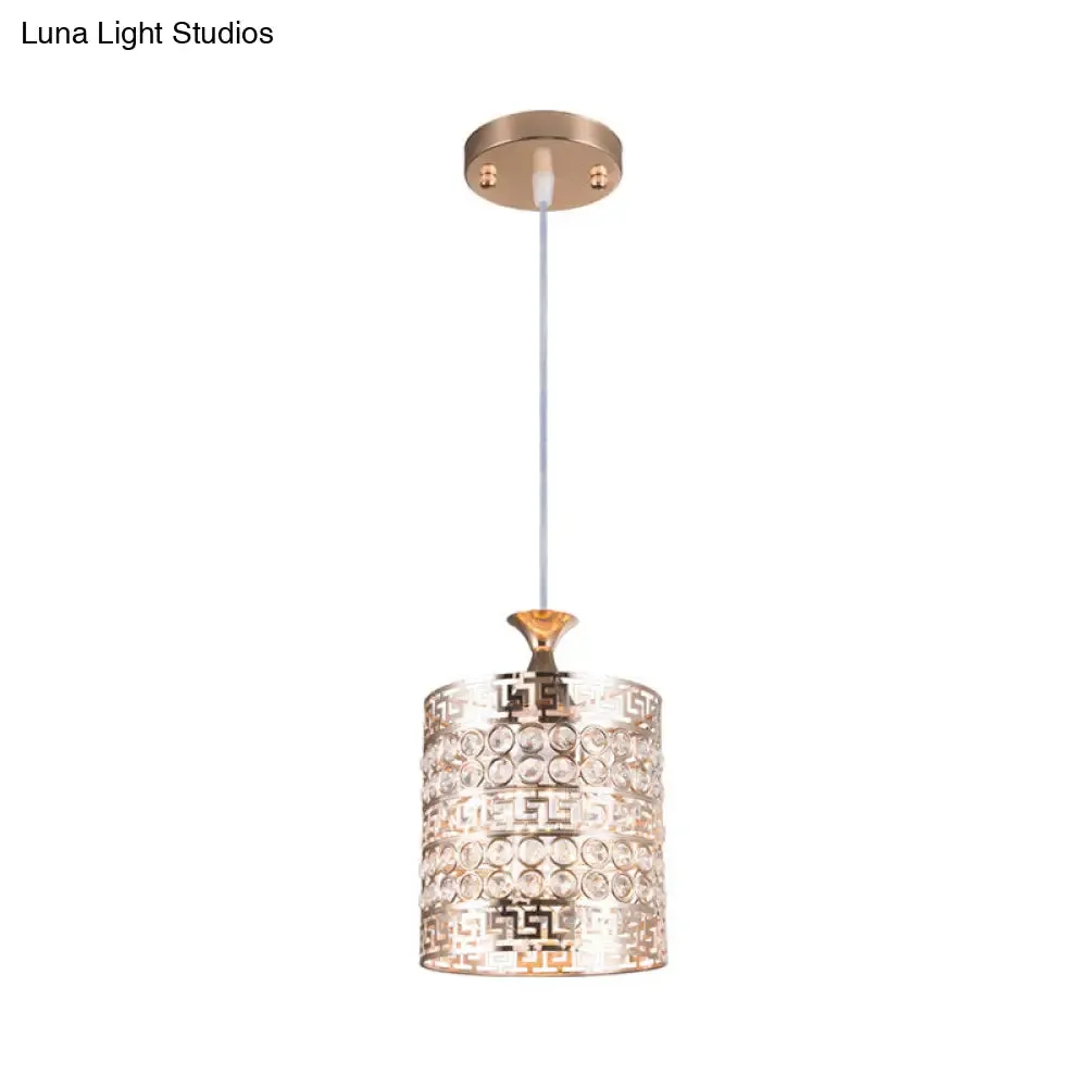 Vintage Gold Metal Cylinder Hanging Ceiling Light with Crystal Accent, 6"/7" Dia, 1 Light