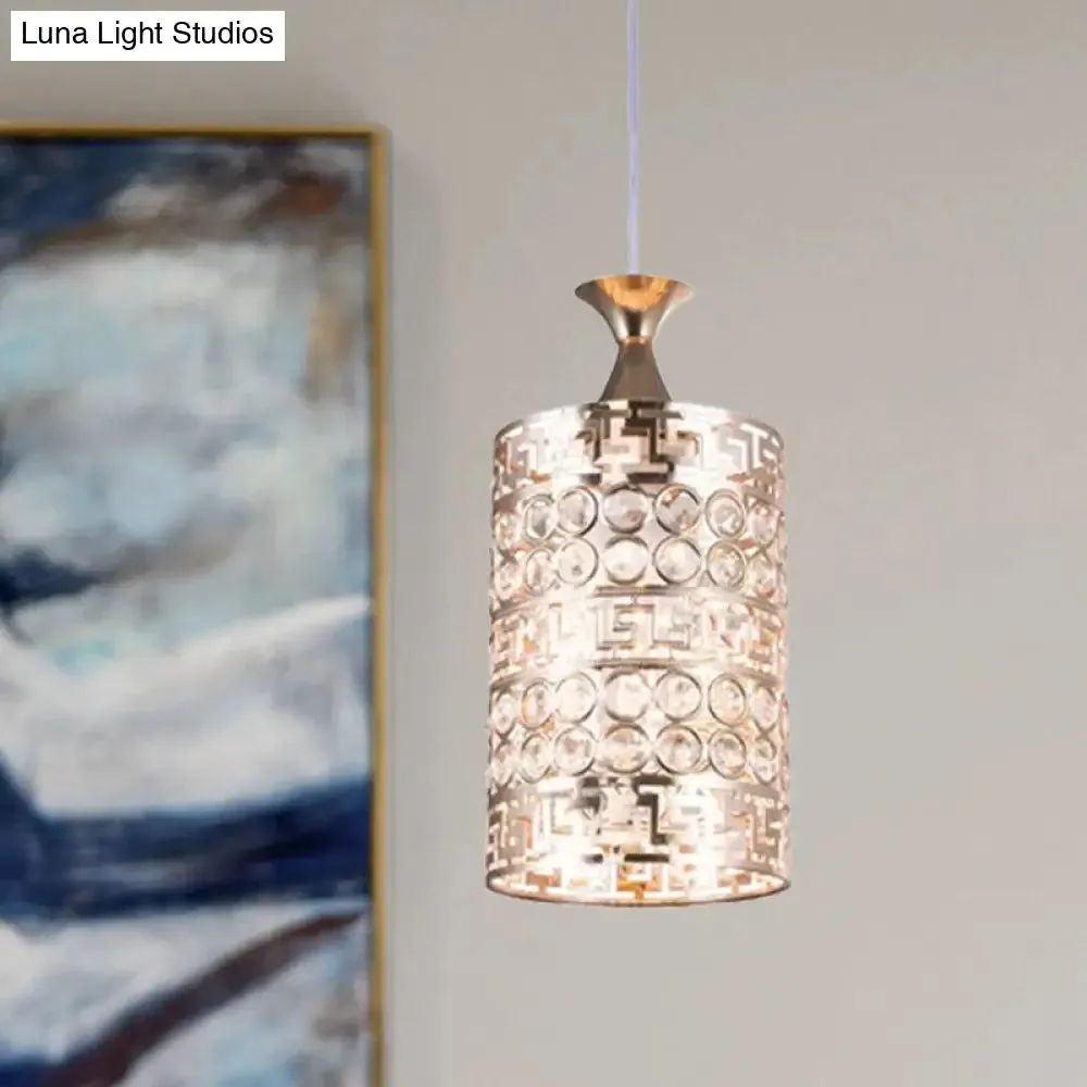 Vintage Gold Metal Cylinder Hanging Ceiling Light with Crystal Accent, 6"/7" Dia, 1 Light