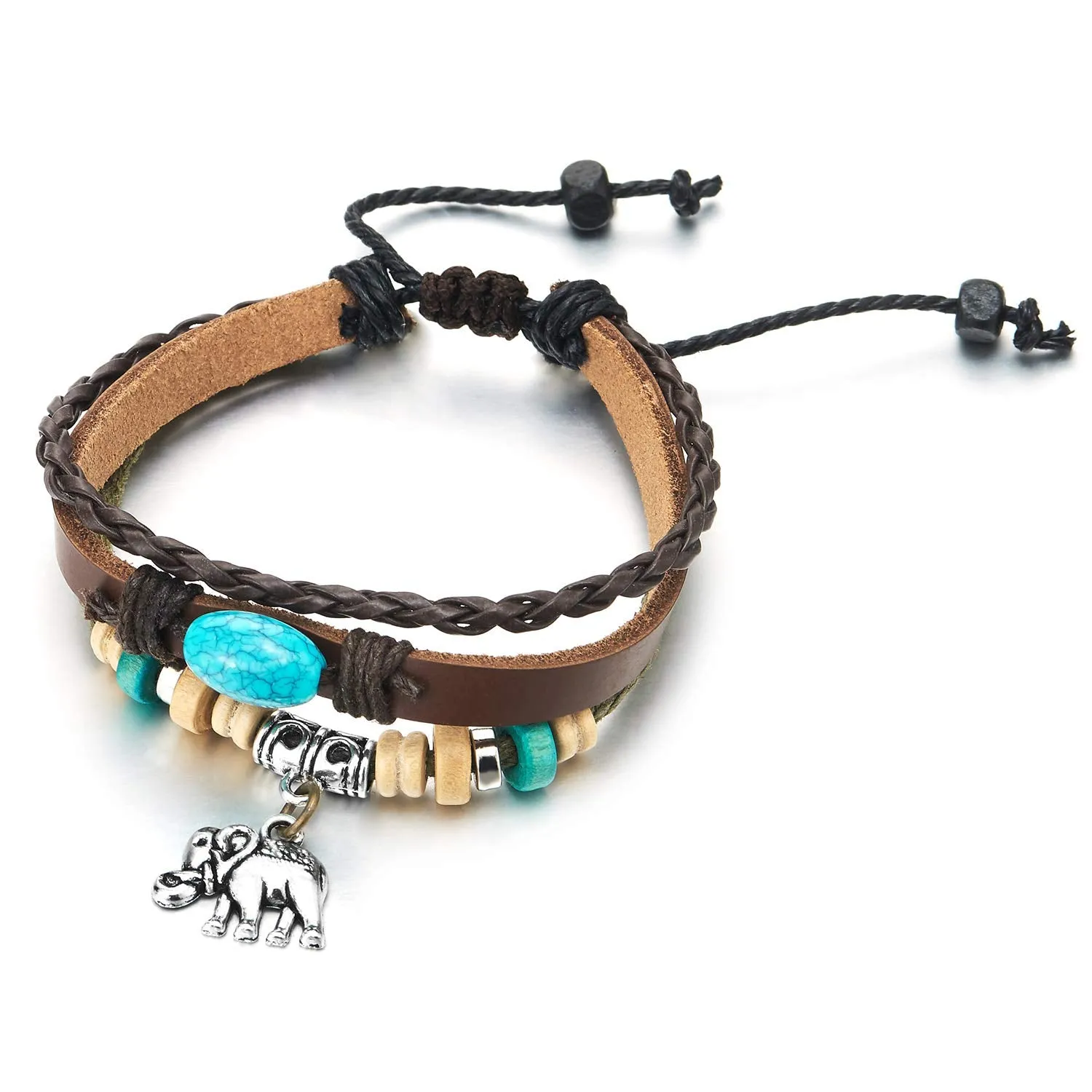 Women Three-Strand Elephant Turquoise Beads Charms Bracelet Tribal Brown Leather Wristband Bracelet