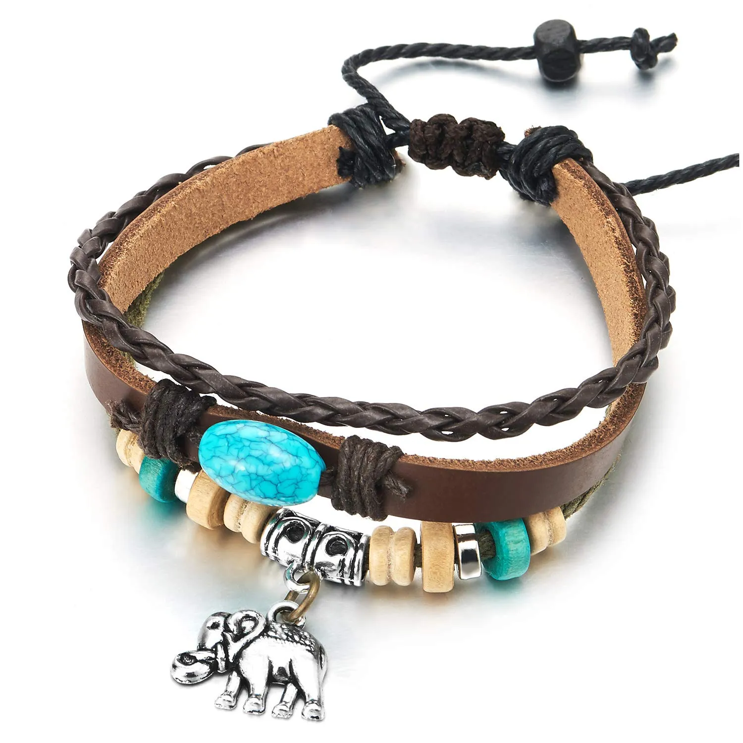 Women Three-Strand Elephant Turquoise Beads Charms Bracelet Tribal Brown Leather Wristband Bracelet