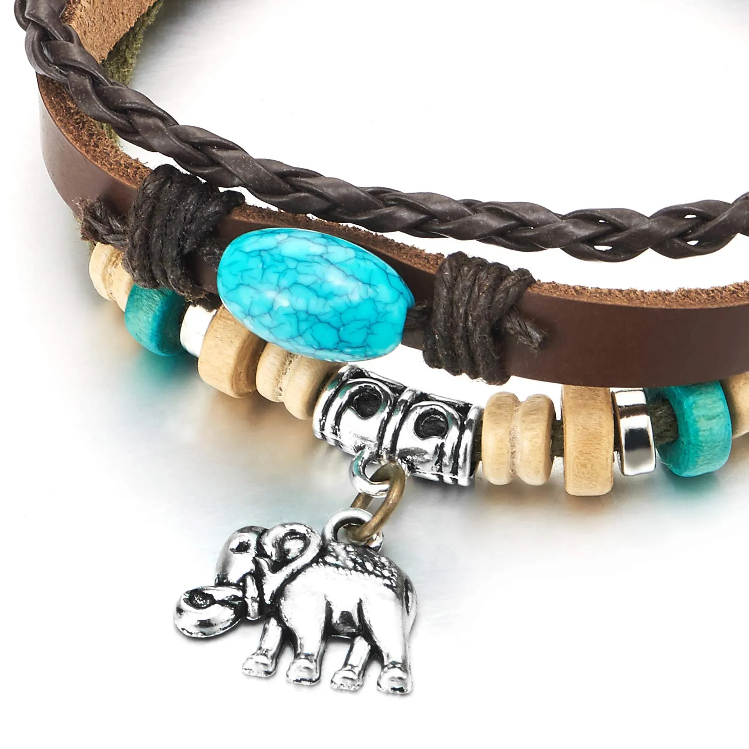 Women Three-Strand Elephant Turquoise Beads Charms Bracelet Tribal Brown Leather Wristband Bracelet